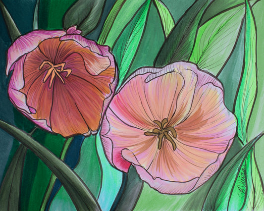 Stylized illustration of two flowers with green leaves on a dark background