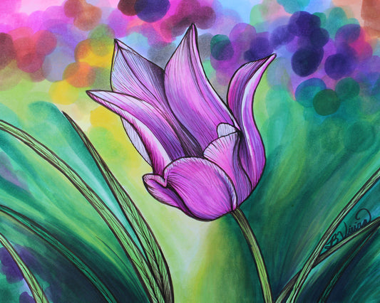 Natural Neon Flower Drawing - 8" x 10" Original Marker Artwork