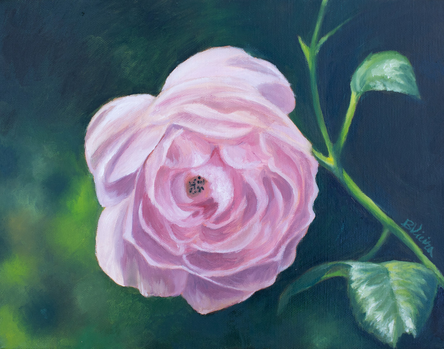 Oil painting of a pink rose with green leaves on a dark background